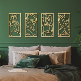 Bakovity Gold Metal Bathroom Wall Art Minimalist Line Art Wall Decor Gold Abstract Modern Wall Decor for Bathroom Living Room Bedroom (4 Pcs,17 x 9 in)