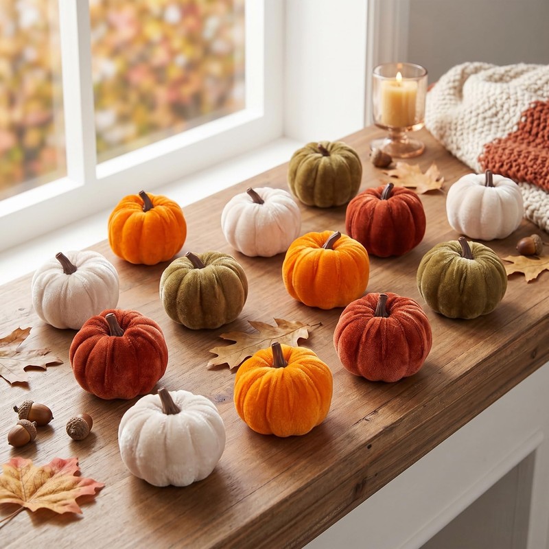 FJAKA 12 Pcs Velvet Pumpkin Mini Decor, Artificial Small Foam