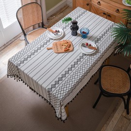 ArtBud Cotton Linen Table Cloths Boho Farmhouse Heavy Fabric Table Cover Burlap Striped Washable Table Top for Parties Coffee Kitchen Picnic White Black Tassels(Rectangle/Oblong, 55" x 86"(6-8 Seats)