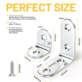 Teenitor 16 Pcs Corner Bracket - 8 Pack 40x40mm + 8 Pack 20x20mm 90 Degree Right Angle Brackets Fastener Stainless Steel L Shaped Corner Braces with 48 Pcs Screws Brace Corner Steel Joint Silver