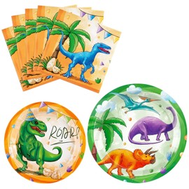 WERNNSAI Dinosaur Party Supplies - 48PCS Dinosaur Party Plates and Napkins for Kids Boys Birthday Party Supplies Disposable Tableware Set Dinosaur Themed Party Decorations Boys Party