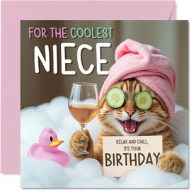 Funny Niece Birthday Card - Relaxing Bath Cat - Cheeky Happy Birthday Card for Niece from Auntie Uncle, 145mm Joke Humour Bday Greeting Cards