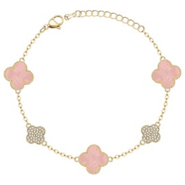 AOWVUTS Four Leaf Clover Bracelet 14K Gold-Plated Clover Bracelet with Cubic Zirconia Adjustable Stackable Lucky Bracelet Gold Jewellery Gift for Women Girls, Plastic, No Gemstone