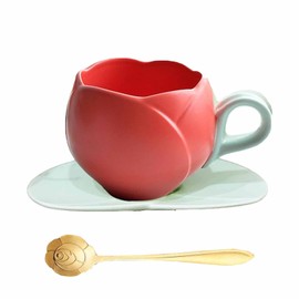 Taicols Taza De Tulipan, Linda Taza De Tulipans, Hermosa Taza En Forma De Tulipan, Cerámica Taza De Cafe De Tulipan Trae Una Cuchara (Roja)