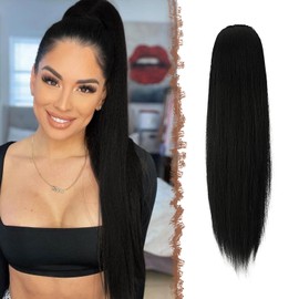 FESHFEN Straight Ponytail Extensions Long Drawstring Pony Tails Natural Synthetic Hairpiece Clip in Ponytails Hairpieces for Women Natural Black 20 inch
