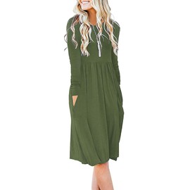 DB MOON Women Casual Long Sleeve Dresses Empire Waist Loose Dress with Pockets (Army Green, L)