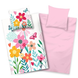 Aminata kids Bed Linen 135 x 200 cm Girls Flowers Cotton Reversible Children's Bedding Set Flowers YKK Zip Colourful Gift