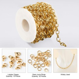 Kyutong - Cadenas de acero inoxidable de 5 metros bañadas en oro con cierres de joyería para encontrar suministros para hacer joyas