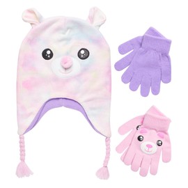 ABG Accessories Girls Critter Winter Hat and 2 Pair Gloves or Mittens (Toddler/Little Girls), Size Age 4-7, Pink Bear Gloves