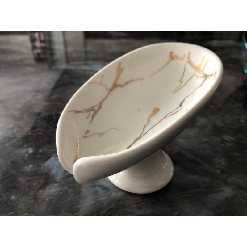 Alagoal Ceramic Soap Dish Elegant Marble Grain, Leaf Design, Self-Draining,Quick-Drying