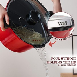 ACTIV CUISINE 8.5qt Pasta Pot with Strainer Lid, Cast Aluminum Stockpot Multipot, Nonstick Ceramic Coating make Cleanup easy with Tempered Glass Lid, Dishwasher Safe, Induction, Red