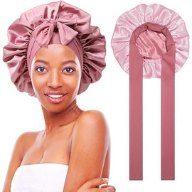 Satin Bonnet Night Sleep Cap, Double-Sided Silk Hood for Sleeping, Adjustable Silk Cap, Silk Curls, Breathable Silk Sleep Cap for Women, Curly, Long Hair, Pink, pink