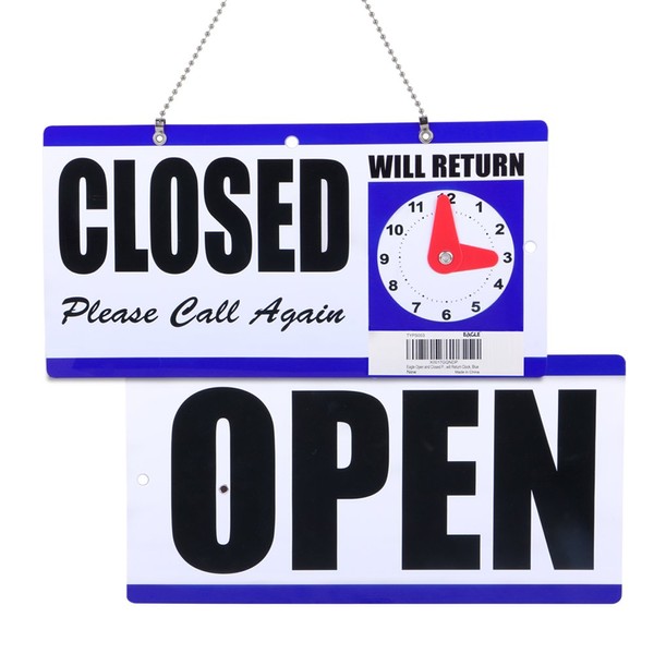 Eagle Open and Closed Sign, Plastic, with Hanging Chain, Double Sides with “Will Return” Clock, 6X11.5-Inches