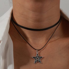 Allereya Vintage Layered Crystal Star Necklace Short Black Velvet Choker Necklace Rhinestone Star Pendant Necklace Black Vegan Suede Necklace Jewelry for Women and Girls