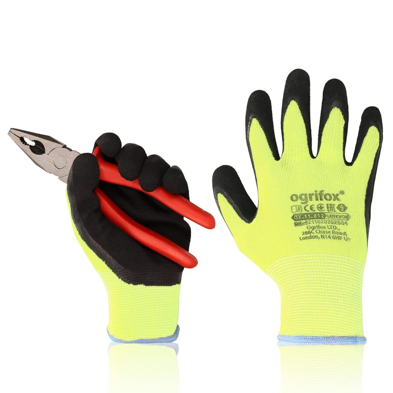 FUZZIO 12 Pairs Fluorescent Ogrifox Shrink Latex Coated Work Gloves