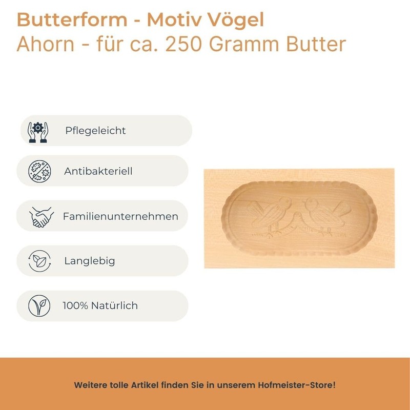 Hofmeister Holzwaren, butter mold, square, 250 grams, 2 BIRDS, made