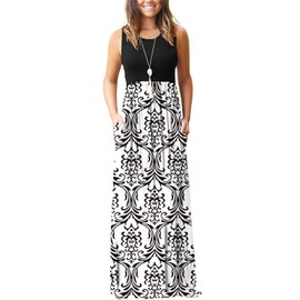 MOLERANI Women's Loose Plain Maxi Dresses Casual Long Dresses with Pockets,Black White,L