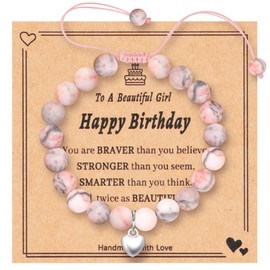 Aucuu Heart Charm Bracelet, Pink Zebra Beads Adjustable Bracelets with Heart Pendant，Sweet Heart Charm Natural Stone Bracelet with Adjustable Rope for Teen & Girls