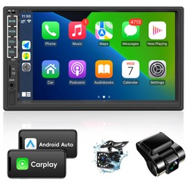 Leadfan Double Din Car Stereo with Dash Cam&Camera, Apple Carplay&Android Auto, 7 Inch Touchscreen Double Din Radio Car Audio Receivers, Bluetooth, Voice Control, MirrorLink, FM/USB/TF/AUX/Subwoofer