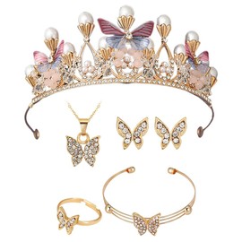XFSRG Krone Damen Kristall Diadem Schmetterlingsperlen Crown mit Ohrringen Ringen Halsketten und Armbändern für Hochzeiten Jubiläen und Geburtstage (Rosa)