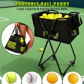 Jacgood Tennis Ball Hopper Cart with 4 Wheels，Foldable Large Capacity Pickleball & Tennis Ball Collector for Court Training, Coaching