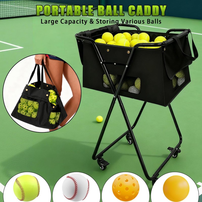 Jacgood Tennis Ball Hopper Cart with 4 Wheels，Foldable Large Capacity