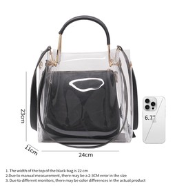 Mabecol Women's Shoulder Bag PVC Transparent Handbag with Inner Bag Set Adjustable Shoulder Strap Waterproof Fashionable Carry Bag for Leisure Work Travel, black, Contemporary