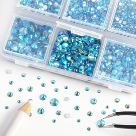 Beadsland 4300pcs Flatback Rhinestones,Blue Rhinestones Nail Gems Round Crystal Rhinestones for Crafts,Mixed 6 Sizes with Picking Tweezers and Wax Pencil Kit, SS6-SS20,Aquamarine AB
