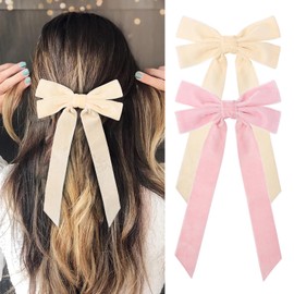 2PCS Velvet Hair Bows Ribbon Hair Clip Pink Beige Ponytail Holder Accessories Slides Metal Clips Hair Bow for Women Girls Toddlers Teens Kids