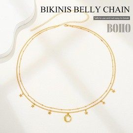 Vakkery Boho Layered Moon Pendant Waist Chain Gold Star Tassel Bikinis Belly Waist Chains Beach Beaded Body Chains Jewellery for Women and Girls