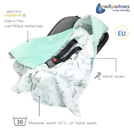 Medi Partners Swaddling Blanket 100% Cotton 85x85cm Double-Sided Multifunctional Plush Blanket With a hood for Pushchairs Soft Fluffy (Ocean with mint Plush)