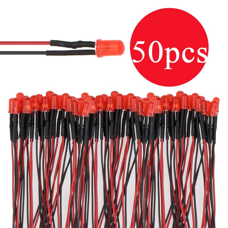 50pcs 12V Pre-wired 5mm LED Light Emitting Diodes, Red