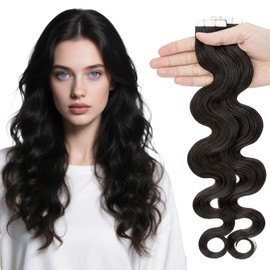 Elailite Wavy Tape in Hair Extensions Human Hair Body Wave Real Remy Hairpieces Natural Black 20 Inch 50g 20pcs Invisible Seamless Skin Weft Best Tape for Women