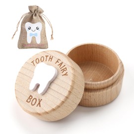 Tooth Fairy Box, Tooth Box with Tooth Fairy Bag Cute Tooth Fairy Kit 3D Carved Wooden Storage Box Gift Tooth Fairy Pouch Tooth Keepsake Used to Store Dropped Teeth - 2 Piece (Blue Bow)