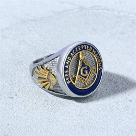 INRENG Men's Stainless Steel Vintage Freemason Masonic Biker Rings Blue Free and Accepted Masons Ring Band White Silver Gold Size 10