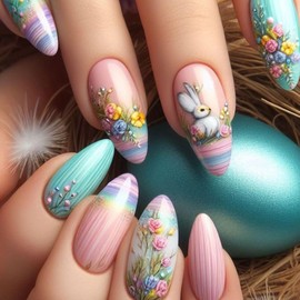 MIXFOSAHN Easter Press on Nails Medium Almond Fake Nails Pink Blue False Nails with Paintings Designs Rabbit Flower Glossy Stick on Nails Glue on Nails Easter Nail Acrylic Nails for Women Girls 24 Pcs