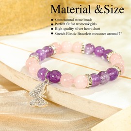 Inspirational Gifts for Women Natural Stone Heart Butterfly Bracelet for women Unique Small Gifts for Birthday Mothers day Thanksgiving Christmas Valentine's Day Teacher Appreciation Gifts (Amethyst)