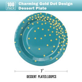 CENLBJ Blue Green Gold Paper Plates,100 Pack Blue Green and Gold Dots Party Paper Plates,Disposable Party Supplies Dessert Paper Plates for Father's Day,Independence Day,Birthday,Picnics(7Inch)