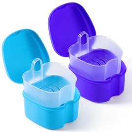 JMU 2pcs Denture Bath Case, Denture Cup for Soaking Dentures with Strainer Basket Tray for Dentures, Mouth Guard Storage Case, Light Blue/Purple