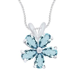 AFFY 14K White Gold Over Sterling Silver Pear Shape Simulated Blue Aquamarine Flower Pendant Necklace