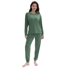 Joyaria Womens Long Sleeve Pajamas Set Soft Breathable Pjs Rounde Neck Sleepwear(Olive,Medium)