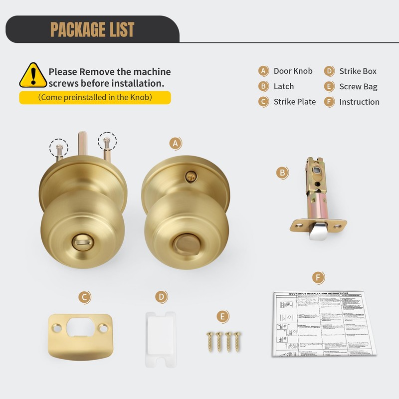 Gaurqiah Keyless Privacy Door Knob, Flat Ball Interior Door Knob,