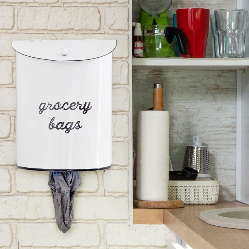AuldHome Design Rustic Grocery Bag Holder; Wall-Mounted Vintage Enamelware Farmhouse