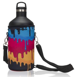 Made Easy Kit Neoprene Water Bottle Carrier Holder with Adjustable Shoulder Strap for Insulating & Carrying Water Container Canteen Flask Available in 5 Sizes (Dripping Paint, XL (64oz))