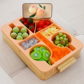 Nnewvante Snack Cup Couch Caddy, 9 in 1 Divided Serving Tray with Handle for Sofa Bed RV Car Organizer Caddy Movie Night Snack Trays, Bamboo and BPA Free Silicone, Peach