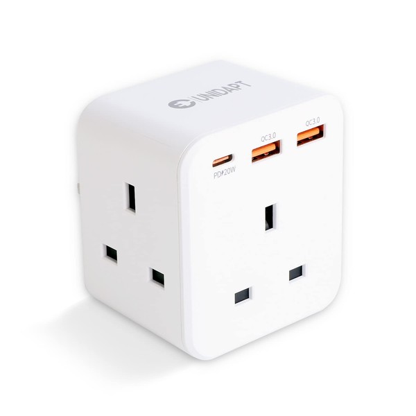Unidapt 3 Way Plug Adaptor with 3 Fast Charge USB ports, Multi Plug Extension with PD 20W USB-C and 2 USB-A QC 3.0, 13A UK Plug Extender Socket, Triple Plug Adapter, Wall Power Cube for Home Office