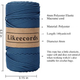 Likeecords Cordón de macramé de poliéster trenzado de 4 mm 140 yardas / 426 pies, hilo elástico para crochet, cordón de bolsa para manualidades DIY, perchas de plantas, bolsa y decoraciones para el
