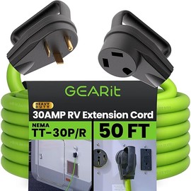 GEARit 30-Amp Extension Cord for RV and Auto, (50-Feet) 3-Prong 125-Volt 10/3 STW 10AWG Gauge 3 Wire, NEMA TT-30P to TT-30R, Outdoor Camper Power Cord