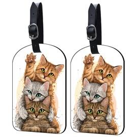 Neidius Luggage Tags for Suitcase 2 Pack Three Cute Cats Leather Luggage Tags with Name Tag Privacy Cover,Women Men Airport Cruise Luggage Travel Essentials