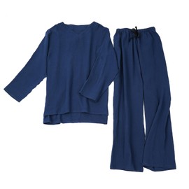 YUKITAC 100% Cotton Gauze Pajamas Set for Women & Men - Breathable Soft Sleepwear, Loose-Fit Lounge Wear with Elastic Waistband(S-XL) (AU, Alpha, X-Large, Regular, Regular, Navy)